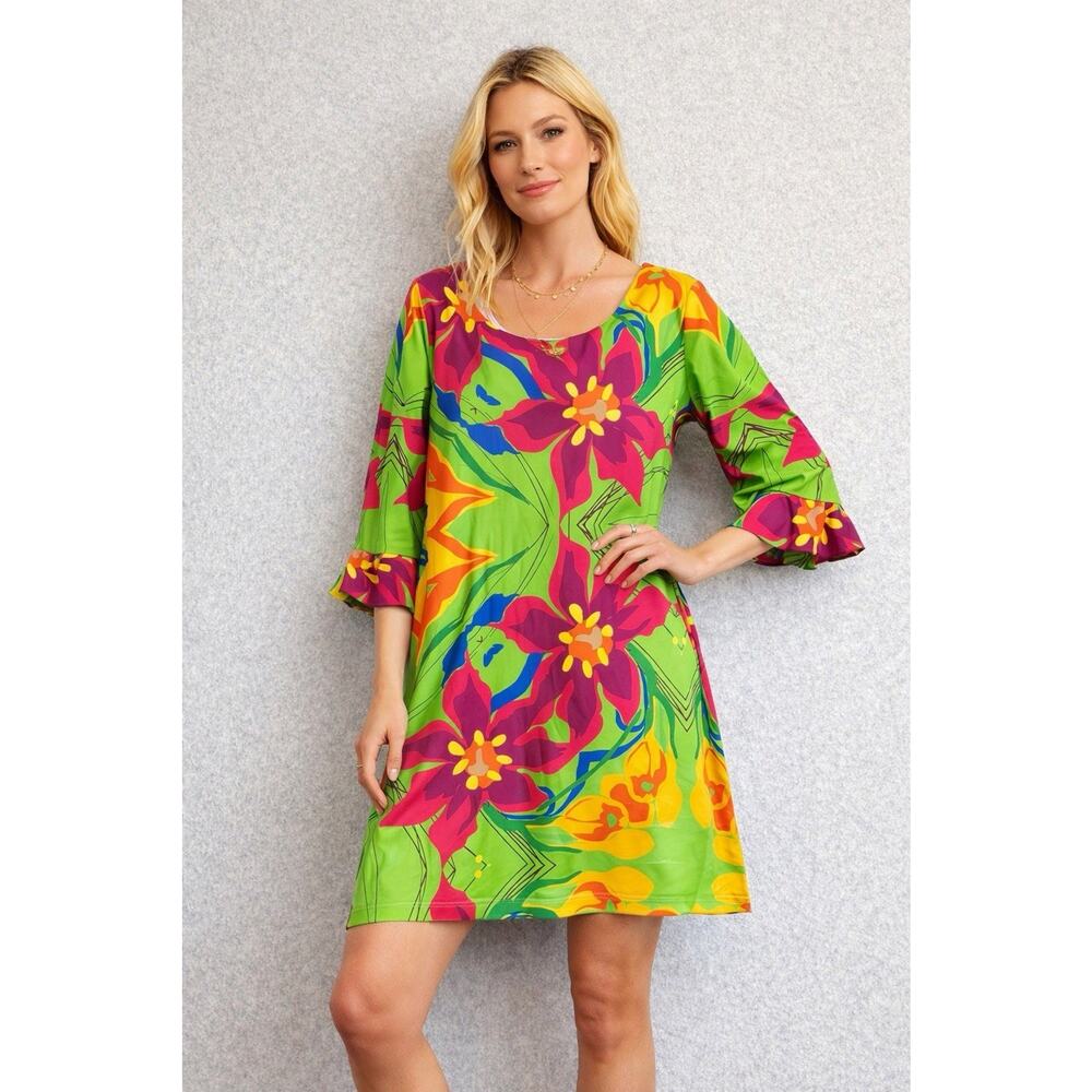 Mcm Mod Retro Bright Boho Dress Bell Sleeve Parisou Resortwear Medium Groovy Fun